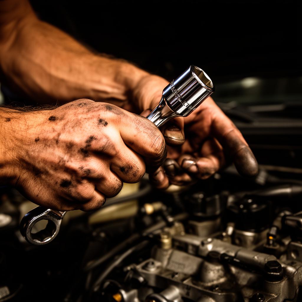 Mechanic hands holding a chrome wrench over an engine