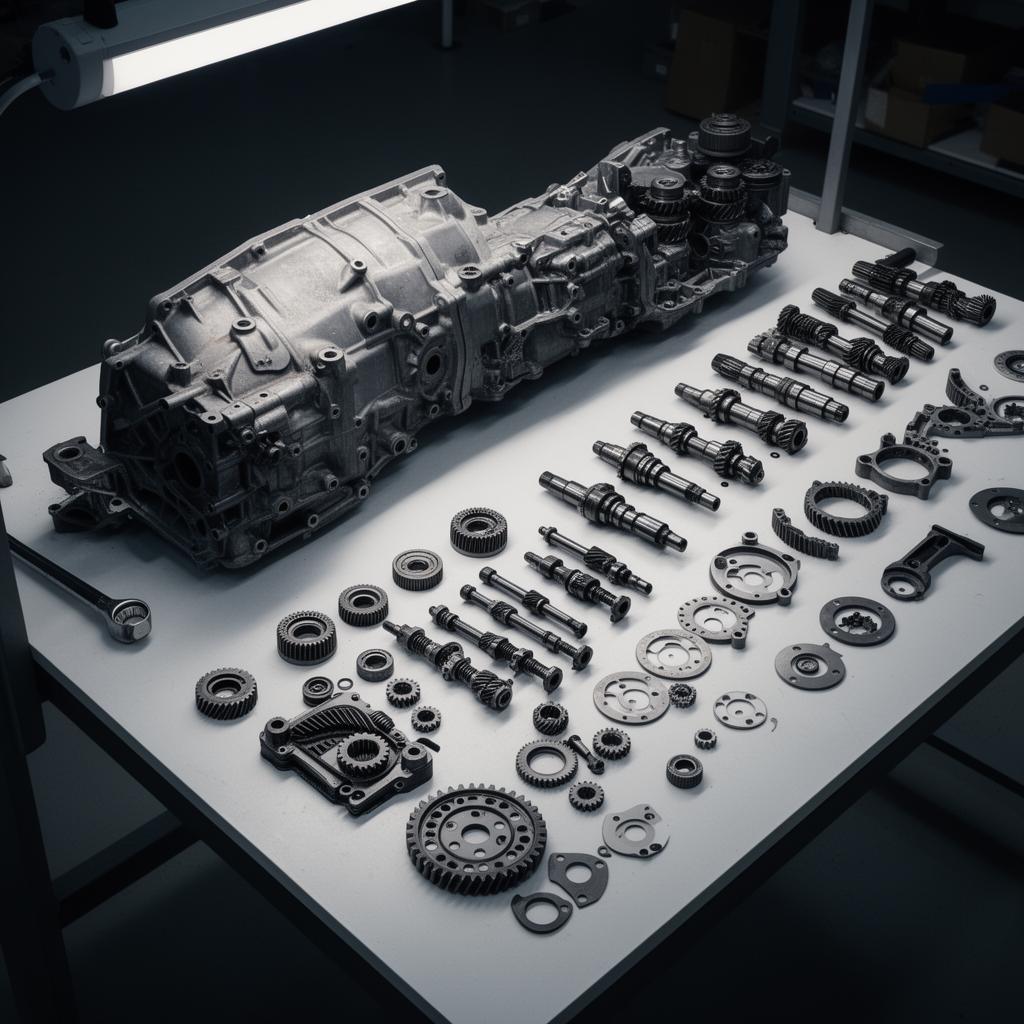 Disassembled transmission on a workbench